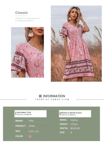 Detail of V-neck bohemian floral dress featuring ethnic pattern cuffs and waist drawstring