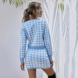 Blue and white houndstooth knit long sleeve top and mini skirt set with rib trim