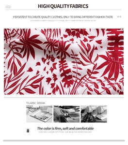 Close-up of tropical red leaf print on white fabric with high-quality stitching detail