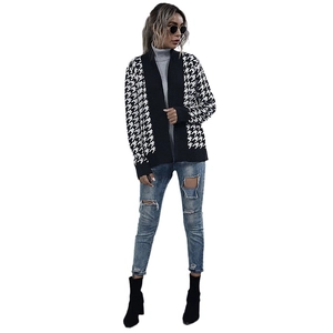 Women's V-neck houndstooth knit cardigan with tie waist and long sleeves for autumn wear