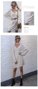 Detail of cream V-neck choker knit dress featuring colorful speckles and ribbed texture