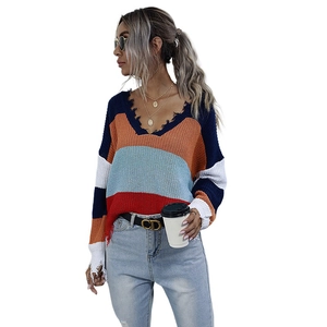 Women Casual Color Block Striped Knit Sweater V Neck Long Sleeve Distressed Frayed Edge Ripped Pullover Streetwear Top