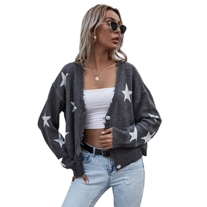 Gilet en Maille Col en V pour Femmes Effet Usé Motif Étoile Manches Longues Boutonnage Simple Mélange de Coton Haut Décontracté Ample Outwear