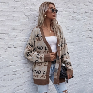 Women's V-neck knit cardigan with letter print pattern and button closure in beige