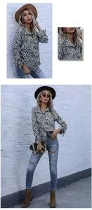 Detail of leopard print long sleeve shirt featuring a button-down collar and chiffon fabric