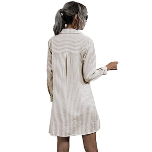 Back view of a striped long-sleeved shirt dress with lapel collar and box pleat detail