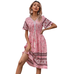 Women's Bohemian Floral Print V-Neck Short Sleeve Midi Dress Ethnic Tassel Drawstring Pink Summer Beach Vacation Dress