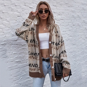 Women's V-neck knit cardigan with beige Love jacquard pattern and contrast trim
