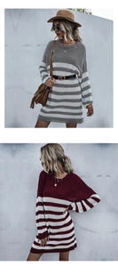 Détail de la robe pull oversize à rayures en maille épaisse, couleurs gris et bordeaux