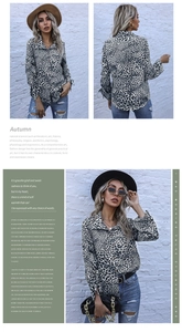 Detail view of leopard print chiffon shirt with classic lapel collar and button cuffs
