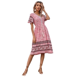 Bohemian V-neck short sleeve floral dress for women with tassel drawstring waist