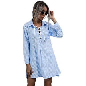 Women's blue striped lace-up shirt dress with long sleeves and front chest pocket