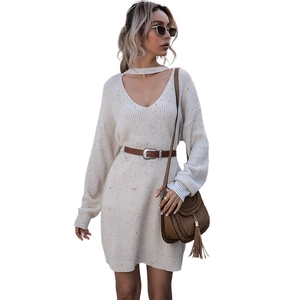 Women's V-Neck Knit Sweater Dress Choker Hollow Out Long Sleeve Pullover Colorful Speckled Loose Mini Knitted Dress Top