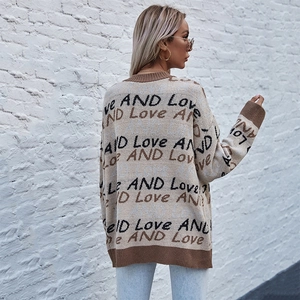 Oversized V-neck knit cardigan for women with 'AND Love' letter patterns in beige