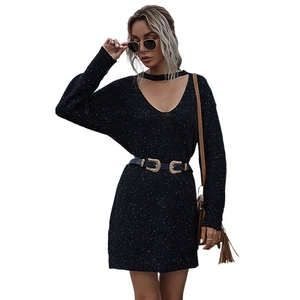 Women's V-neck knit mini dress in black with colorful speckles and halter neckline