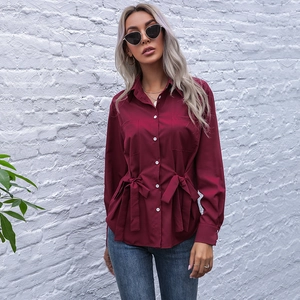 Slim fit burgundy long sleeve shirt with classic lapel and waist tie-up detail