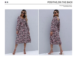 Detail view of square neck floral dress with ruched drawstring and elastic cuffs