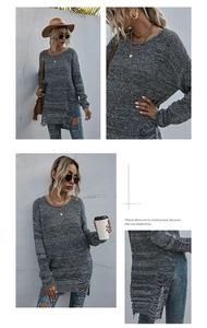 Detail showing distressed ripped hem and soft knit texture of grey oversized sweater