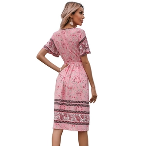 Pink bohemian floral short sleeve v-neck summer dress with ethnic lace trim and elastic waist
