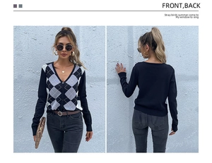 Front and back view of a women's V-neck argyle cardigan with grey knit patterns