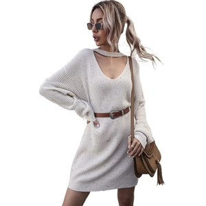 Slim fit V-neck knit sweater dress with choker neck detail and vintage colorful neps texture