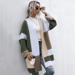 Women Casual Patchwork Color Block Knitted Cardigan Long Sleeve Open Front Oversized Mid Length Sweater Coat Outerwear