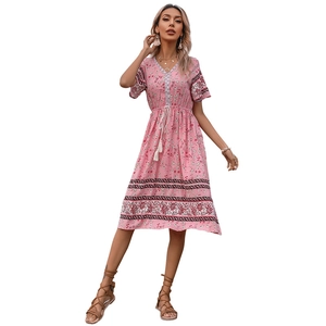 Bohemian pink floral V-neck midi dress with drawstring waist and ethnic print trim