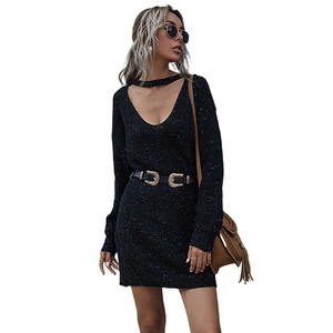 Elegant black knit V-neck mini dress with long sleeves and stylish choker neckline detail