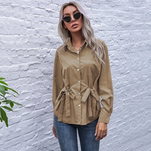 Women's slim fit khaki lapel shirt with waist ties and double pockets for autumn