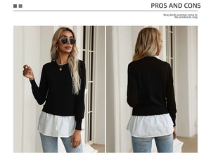 Front and back view of a black knit sweater with white shirt hem patchwork and crew neck