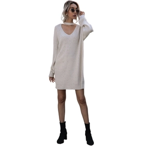Chic beige V-neck knit mini dress with choker neck strap and ribbed texture details