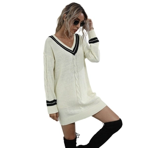 Oversize white V-neck knit mini dress with contrast stripes and cable stitch pattern