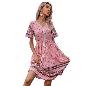 Pink bohemian V-neck short sleeve floral dress with tassel drawstring and stripe hem