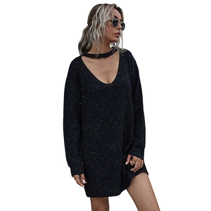 Black V-neck knit mini dress with colorful flecked texture and choker neckline detail