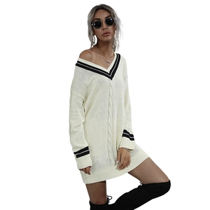 Elegant cream V-neck knit midi sweater dress with classic black and white stripe trim