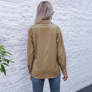 Women's khaki slim fit long sleeve cardigan shirt with lapel and curved hem back view