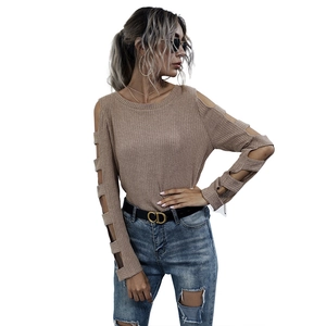 Women's hollow out shoulder knit sweater with long sleeves in khaki earth tone