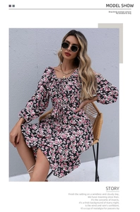 Detail of square neckline with lace-up tie and puff sleeves on floral long sleeve dress