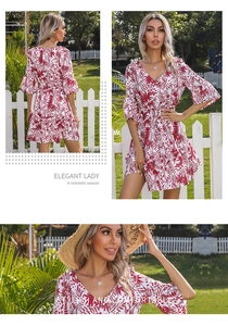 Detail view showing V-neck floral print dress with tropical leaves and flared sleeves