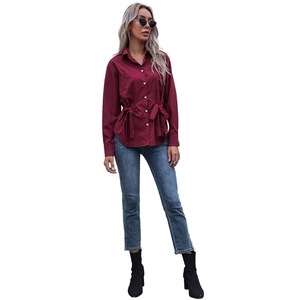 Slim fit burgundy long sleeve shirt with lapel collar and waist tie detail