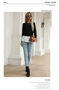 Detail of a chic two-piece knit top with white ruffled hem and chain leather clutch
