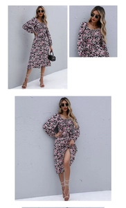 Detail of floral long sleeve dress showing square neckline and side slit on fabric