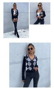 Three perspectives of a black and white argyle knit cardigan with V-neck and buttons