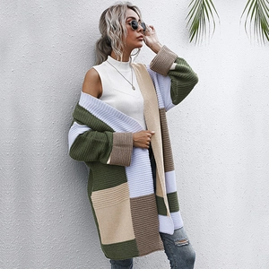 Women's oversized color block ribbed knit cardigan in army green and beige tones