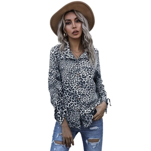 Women's leopard print long sleeve shirt with lapel collar and drawstring cuffs style
