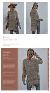 Close-up of the distressed knit texture and stylish hollowed-out side hem on this sweater