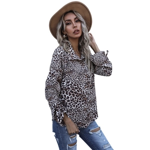 Elegant leopard print long sleeve chiffon shirt with turn-down collar for women