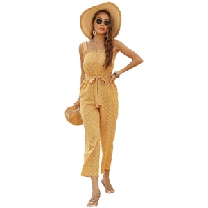 Women Summer Yellow Floral Jumpsuit Square Neck Ruffle Sleeveless Wide Leg Jumpsuit With Waist Tie Belt Vacation Style
