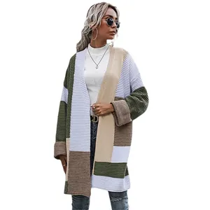 Women's oversized color-block knit cardigan in forest green and tan shades