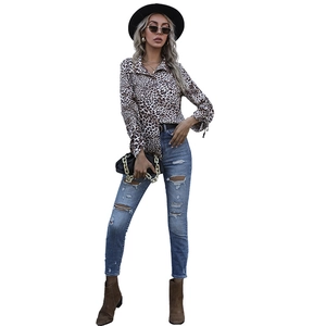 Women's leopard print long sleeve shirt with lapel collar and drawstring cuff detail